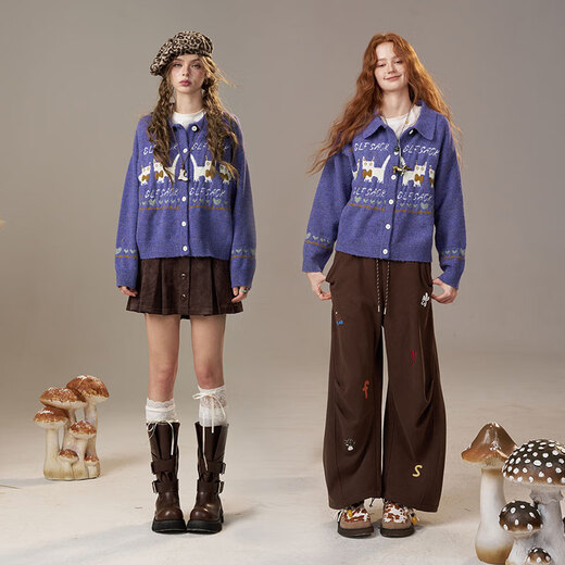 Leprechaun's Pocket Kitty Fair Isle Jacquard Cardigan Sweater Women's 2025 Autumn and Winter New Retro Lapel Mohair Retro Purple L