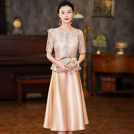 Hengyuanxiang champagne color happy mother-in-law wedding banquet dress 2025 summer new retro wedding noble young mother high-end dress champagne color M