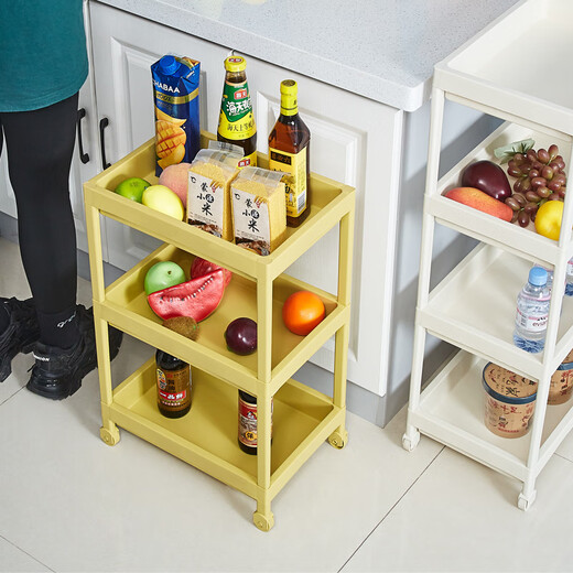 Enshousu full plastic PP material multi-functional storage rack bedroom living room kitchen wheeled storage rack yellow two-layer 9227