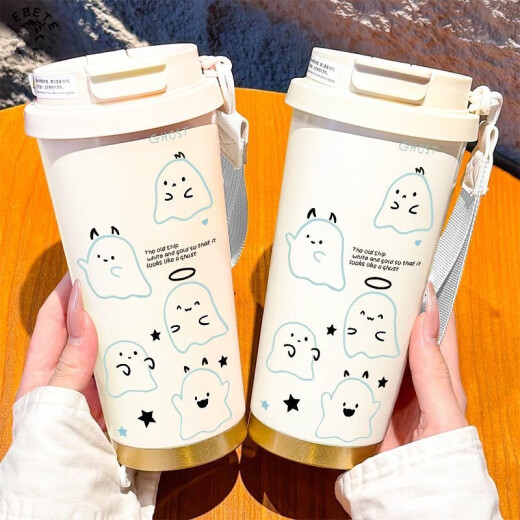 Chengliu Fashion Ghost Termómetro Estudiante Portable NUEVO DOBLE DOBLE CAPA DE CAFÉ CAFÉ CAFÉ Men y mujeres Copa de agua de paja BXAB13792 Ghost Black + con Lanyard 316 Acero inoxidable