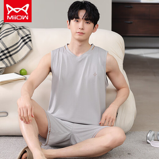 Catman MIIOW Modal men's pajamas summer sleeveless vest thin pajamas home clothes two-piece set Modal cool set-12023 L (recommended 100-125 Jin [Jin equals 0.5 kg])