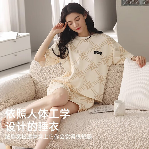 恒源祥女士睡衣纯棉新款2025短袖短裤套头家居服套装春夏季 6173 M (165)