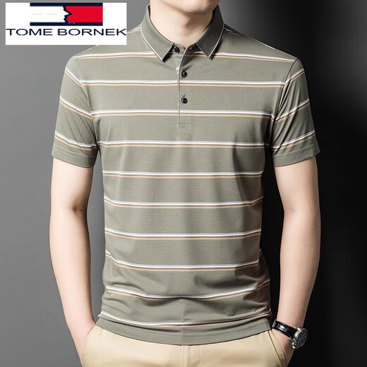 Tommy Shekelly Tommy Mula Silk Kurzarm T-Shirt Männer 2025 Sommer gestreiftes Middel mittlere Alters-Outfit Polo Shirt Männer 826 Green M 165 [Vorgeschlagen 100-125 Jin [Jin gleich 0,5 kg]]