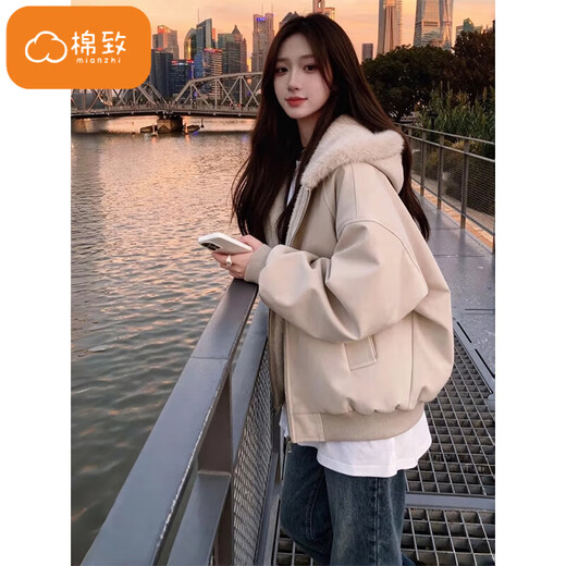 Cotton mountain sculpture hooded cotton jacket for women in winter new style plus velvet thickened warm jacket cotton coat down jacket down jacket M6047 apricot color high quality L 100-120Jin Jin is equal to 0.5 kg