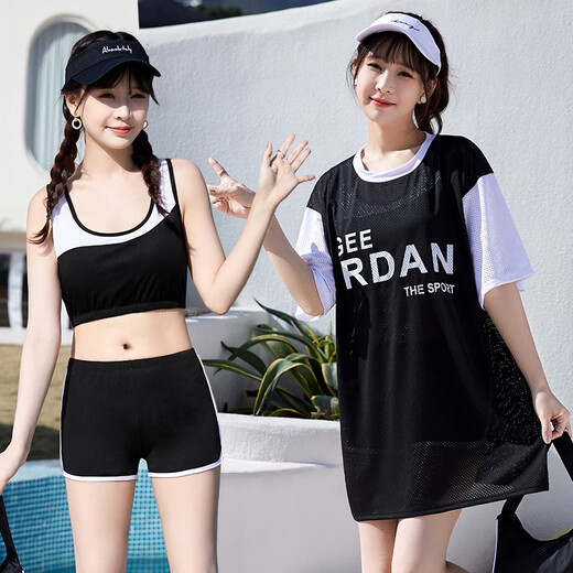 泳衣女保守分体2025新款泳装泡温泉三件套大码胖mm显瘦游泳衣 6625-黑色 M (80-95斤