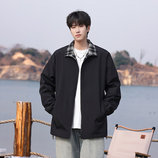 Cotton jacket men's autumn and winter lapel plaid jacket men's trendy Hong Kong style casual workwear top men black L