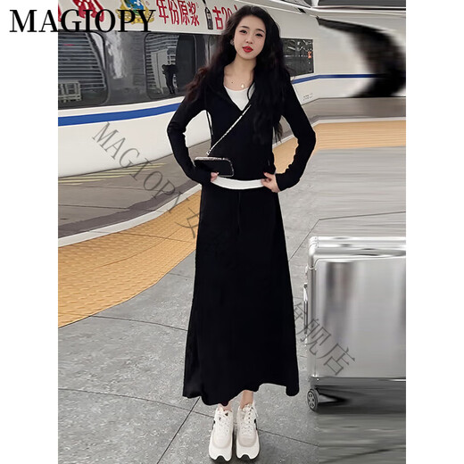 MAGIOPY国际奢侈高档品牌时尚减龄休闲运动套裙女2025春季韩版黑色假两件 黑色两件套 XL(121-130斤)
