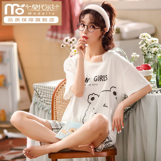 Modal summer ladies pajamas, cute cotton Korean version, short-sleeved two-piece set, thin student cartoon spring and autumn home clothes, off-white SKM6621 M (recommended 75-95 Jin [Jin equals 0.5 kg])