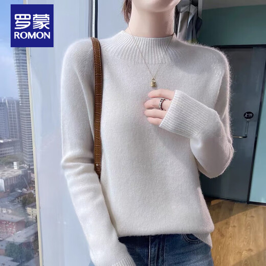 ROMON 100% pure cashmere sweater for women 2025 new style high-end half turtleneck sweater autumn and winter thickened pullover bottoming sweater green velvet rice L recommended 105-115Jin Jin equals 0.5 kg