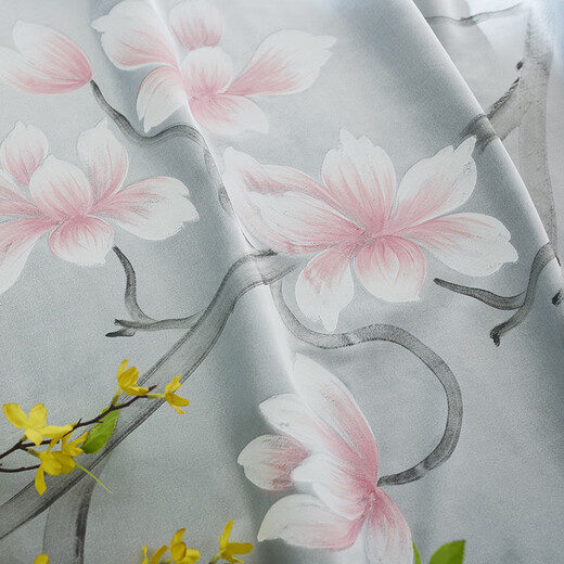 Wen Yijia's new Chinese style curtains, creative hand-painted magnolia flocking cloth, living room and bedroom, high-end Zen Chinese style window screen, gray blue, hand-painted velvet cloth - pink flowers, it takes a few meters to take a few pieces (free processing)