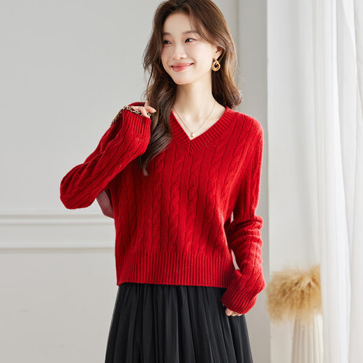 Shexi (Srcr) V-neck cardigan for women 100% wool sweater short style spring autumn new year red dress knitted base thick style
