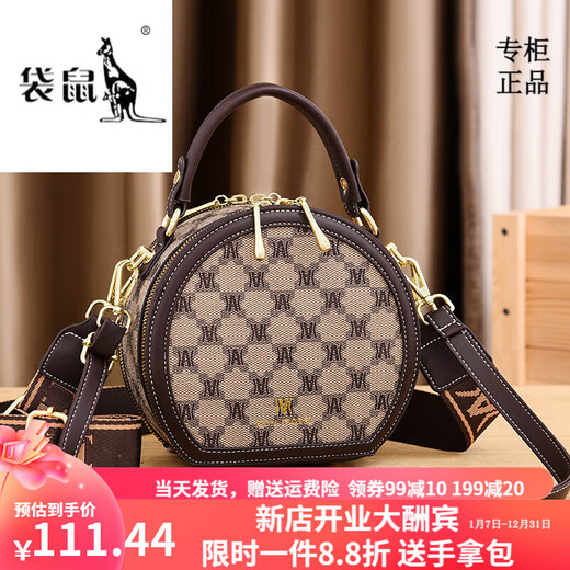 袋鼠轻奢品牌ins小圆包小包包女包2023肩带时尚百搭宽新款手提单肩包 棋盘格-咖啡 2根肩带
