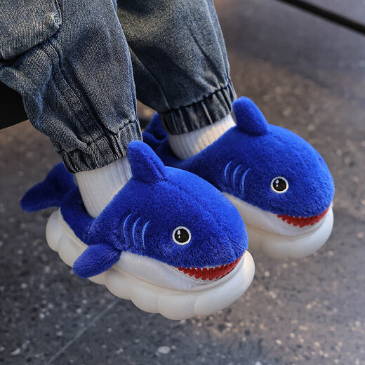 Winter children's cotton slippers, boy's shark bag heel, warm and furry, cute girl's home baby anti-slip cotton slippers, sky blue (heel included) 12, size 32/33 (shoe inner length 19CM, suitable for feet 18
