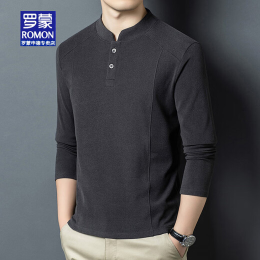 ROMON brand autumn and winter double-sided German velvet bottoming shirt men's Henry collar trendy versatile long-sleeved T-shirt stand-up collar sweatshirt for men white L