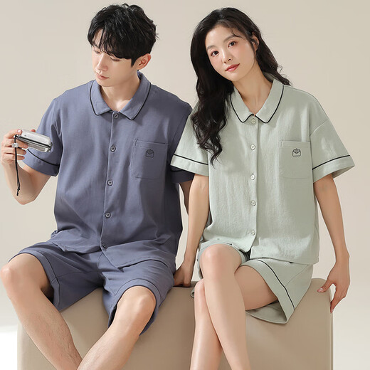 情侣睡衣夏季短袖棉短裤开衫翻领男女士韩版简约休闲套装可外穿 SN12701女12801男 2XL 女