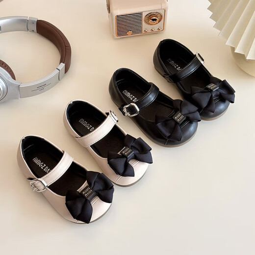 Korean version of sweet bow girls princess shoes 2025 spring new children's small leather shoes soft sole baby shoes trendy beige 21