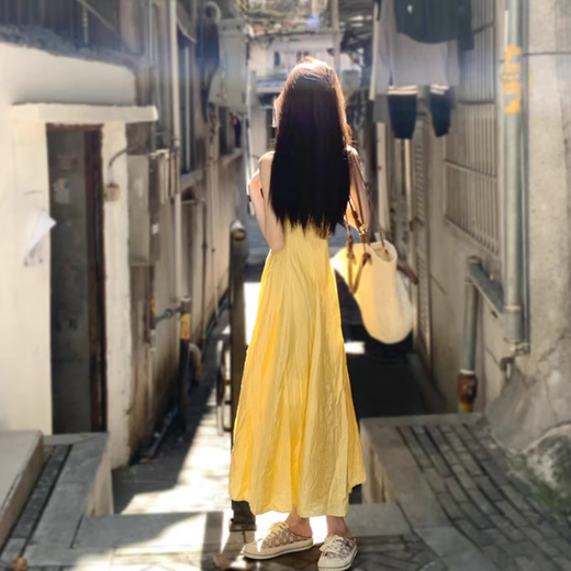 Bangboshi suspender dress for women in summer beach vacation gentle style French temperament A-line skirt waist slimming beach skirt suspender dress M