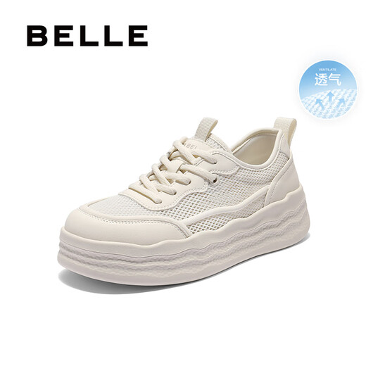 百丽（Belle）舒适透气网面小白鞋女2025夏新厚底增高休闲鞋B2611BM5 米白色 37 (235mm)