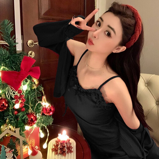 莫代尔辣妹性感带胸垫纯棉吊带睡衣三件套春秋新款宽松纯欲风花边家居服 677斩男花边三件套【带胸垫】 2XL 【建议145斤内】