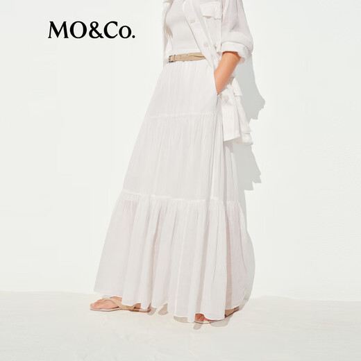 MO/Co. skirt 2025 summer new product light and thin ramie high waist flowing tower skirt long skirt white quiet luxury MBE2SKT009 This white M