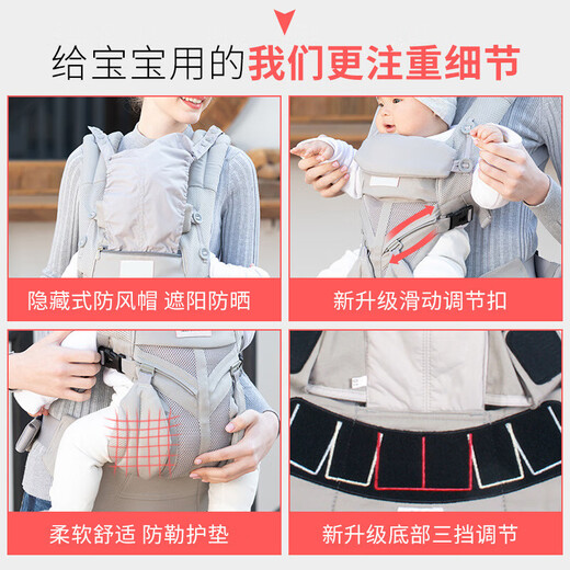 COOKSS婴儿背带新生儿小月龄宝宝多功能前抱式两用户外出行旅行轻便腰凳 新款Breeze透气珍珠灰 [送腰包]