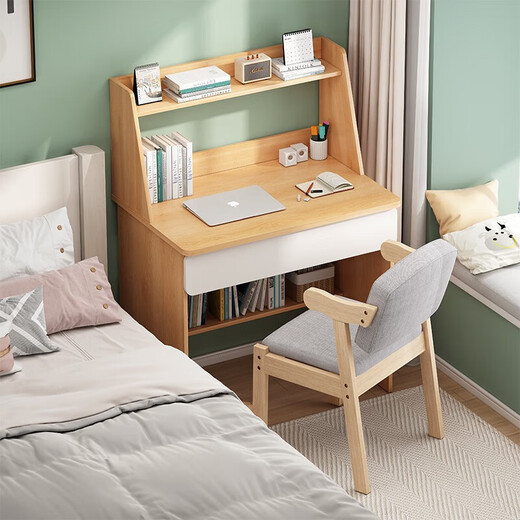 Simple desk bookshelf integrated student writing study table small apartment bedroom home office desktop computer table 60cm Nordic maple color