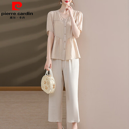 
Pier Cardin gives mother summer suit 2025 new suit fashionable middle-aged and elderly women's summer short-sleeved shirt and fashionable wide-leg pants two pieces 9435 light green suit L [Suggested 90-105Jin [Jin equals 0.5 kg]]