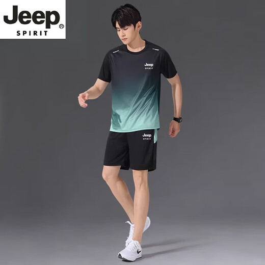 JEEP SPIRIT高端运动冰丝T恤男士速干短袖跑步套装夏季球衣篮球羽毛球服新品 jp-9901黑灰套装 M