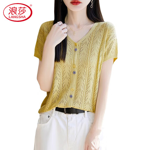 浪莎（LangSha）高档法式复古镂空V领针织开衫短袖女夏薄款设计感小飞袖显瘦外搭 米白色 M