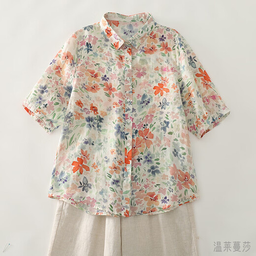 Wenlaimansha Guangdong Puning Shirt for Women 2025 new fashion large-size printed cotton linen short-sleeved loose breathable linen top yellow 1278 M recommended 115Jin [Jin equals 0.5 kg] below