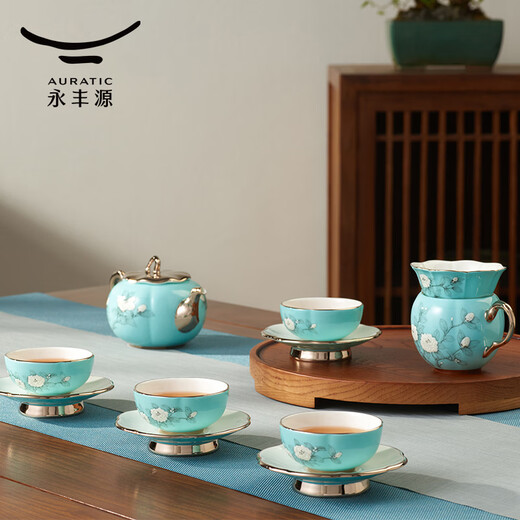 Lady Yongfengyuan (auratic) porcelain hand-painted blue 12-head/15-head ceramic teapot, lid, bowl, tea set, hand-painted high-end gift box packaging, 12 heads, 4 persons