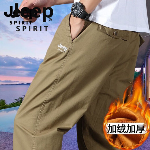 JEEP SPIRIT男士长裤夏季直筒纯棉休闲裤子中年人爸爸宽松工装长裤 [冬季]WQS-9901军绿 加绒 S 建议85-100斤