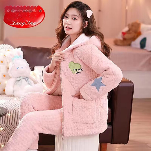 COMIC SOUL湖南省冬季省服 湖南省服珊瑚绒铺棉睡衣女冬季三层加厚中年女士 LXJ17 6624杏色【加绒加厚】 M 80-100