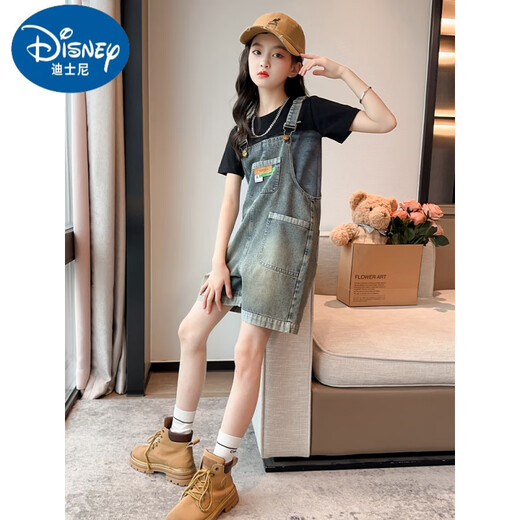 Disney Girls Summer Salt and Sweet Overalls Set 2025 New Internet celebrity children's summer wear Street Fried Pants Summer Short Sleeve + Overalls 170 cm