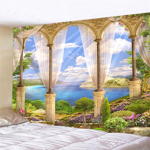 Fenêtres de paysage de vacances de style européen avec grand fond en tissu décoration Tapisse de chambre à coucher plante peinture murale en tissu suspendu G1278 Collection de tissu en velours 100 Hauteur * 150 Largeur CM uniquement pour l'installation