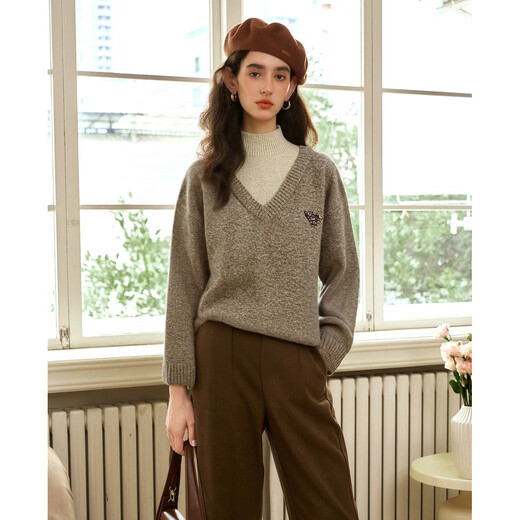 Olrain 2025 new women's winter oatmeal color fake two-piece turtleneck lazy casual pullover sweater oatmeal color S