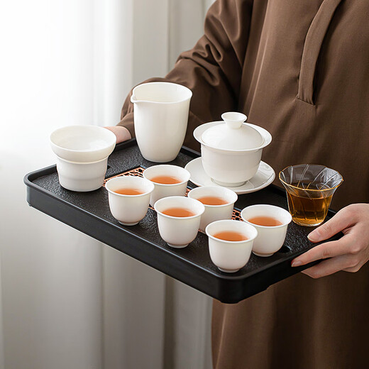 SUSHI CERAMICS Suet Jade White Porcelain Kung Fu Tea Set Hover Cover Bowl Tea Tray Tea Set Home Office Gift Affordable Group Purchase