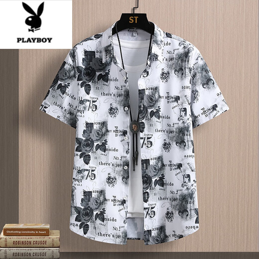 花花公子（PLAYBOY）冰丝短袖花衬衫男士薄款夏季新款潮流玫瑰花寸衫免烫休闲个性寸衣 JT7027蓝色 M 90-109斤