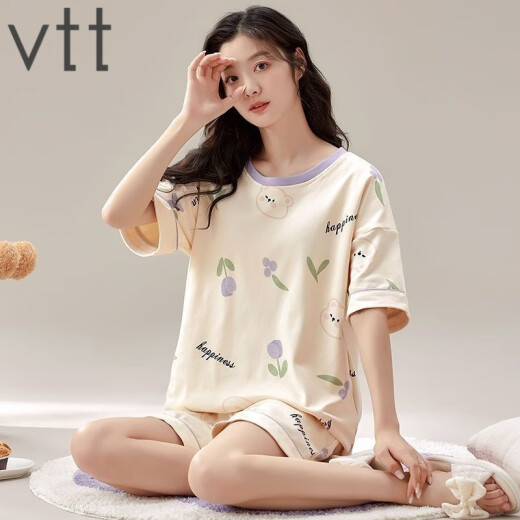 
VTT new pajamas with chest pads for summer women's short-sleeved shorts two-piece suit casual cartoons for home wear V short-sleeved suit: WP1047 M