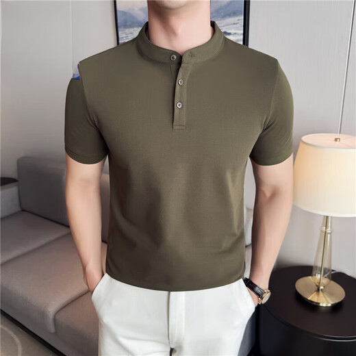 A 21 FUNB solid color right shoulder short-sleeved Polo collar shirt for men in spring and autumn trendy Henry collar T-shirt Korean version slim men's short-sleeved X Army Green M