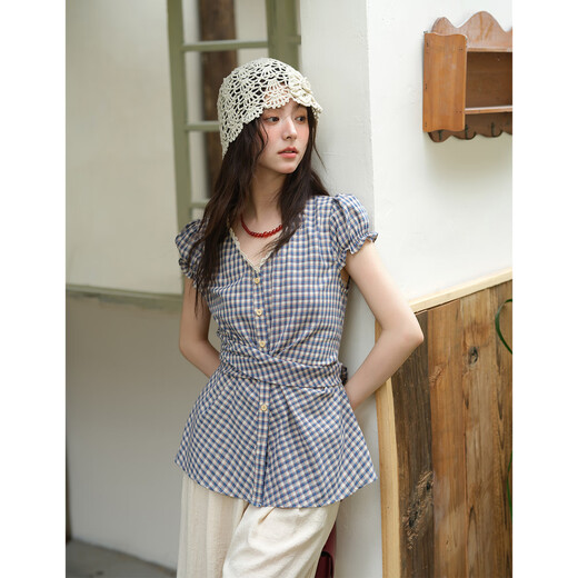 
Mystery lace lace short-sleeved shirt for women 2025 summer new bow tie puff sleeve shirt waist top trendy blue grid S