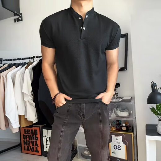 
Digada ins American Henry Neck POLO shirt short-sleeved T-shirt for men's summer waffle American sports fitness casual T-shirt JCF-H55 black XL