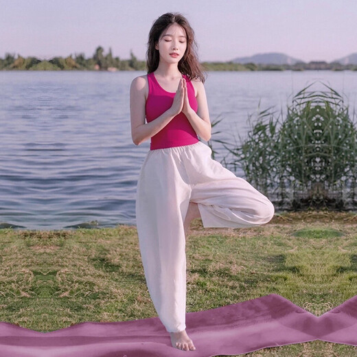 Shuangxiu yoga clothing set for women 2025 new high-end and beautiful I-shaped sports vest red Pilates training clothing yellow top + red pants suit L 110-120