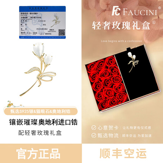 Oein brooch high-end women's 2025 new design sense niche exquisite corsage small fragrant style suit pin Mother's Day gift S925 silver champagne gold cat's eye stone + rose gift