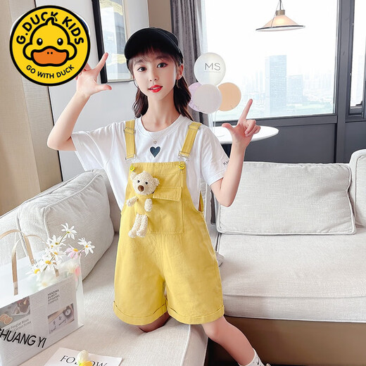 G.Duckkids Girls Bär Denim Overalls Set 2025 Sommer Neues koreanisches Stil Mode Kinder-Denim-Shorts Love T-Shirt Einteilige Blaue Kurzfilms 140 cm