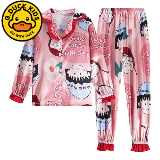 G.DUCKKIDS女童冰丝睡衣儿童夏季长袖公主小女孩宝宝空调服春秋真丝大童套装 【短长套装】1050字母爱心 16码适合体重55-65斤6-7岁