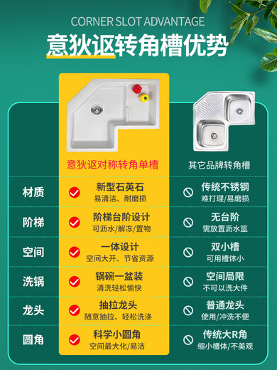 温以嘉定制石英石转角水槽单槽异形厨房洗碗槽拐角花岗岩水池白9780 640*640【9764SY】裸槽4件套 【
