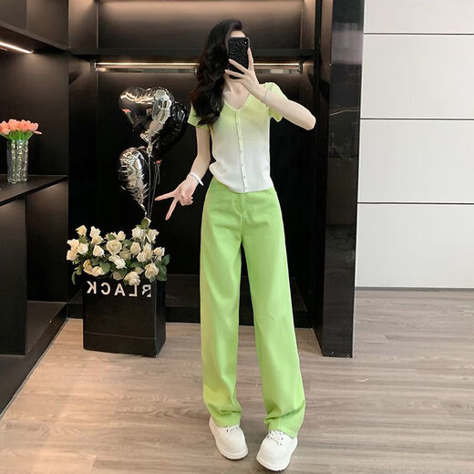 Yu Zhaolin (Yuzhaolin) 2025 Sommerer Modeanzug für modische altersreduzierende T-Shirt von Frauen mit hoher Taillenabschleife zweiteilige grüne Hose 7373b s