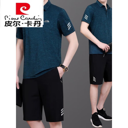 Pier Cardin Dad Sommer Ice Seidensportanzug Herren 2025 Neue mittlere und ältere Kurzärärt-T-Shirt Vaters Sommer Schnelltrocknungskleidung Flaggschiff Offiziell-723 Dunkelgrün [Kurzärärmel + Shorts] L.