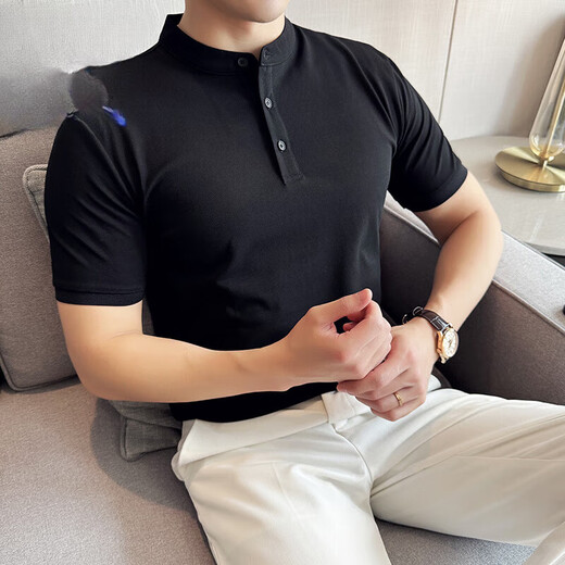 A 21 FUNB solid color right shoulder short-sleeved Polo collar shirt for men in spring and autumn trendy Henry collar T-shirt Korean version slim men's short-sleeved X Army Green M